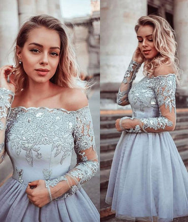 Gray Lace Appliques Tulle Short Prom Dress, Long Sleeves Homecoming Dress DMP55
