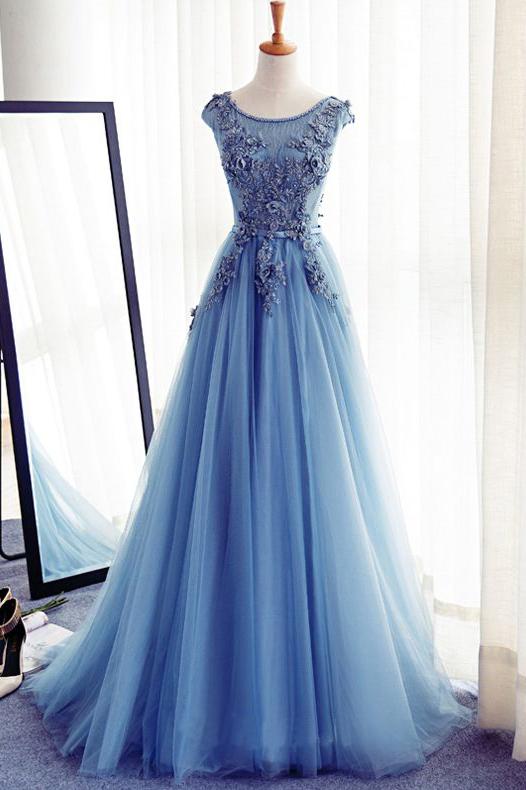 Charming Long Tulle Handmade A Line Blue Prom Gowns,Formal Women Dress Demodresses Charming Long Tulle Handmade A Line Blue Prom Gowns,Formal Women Dress Demodresses