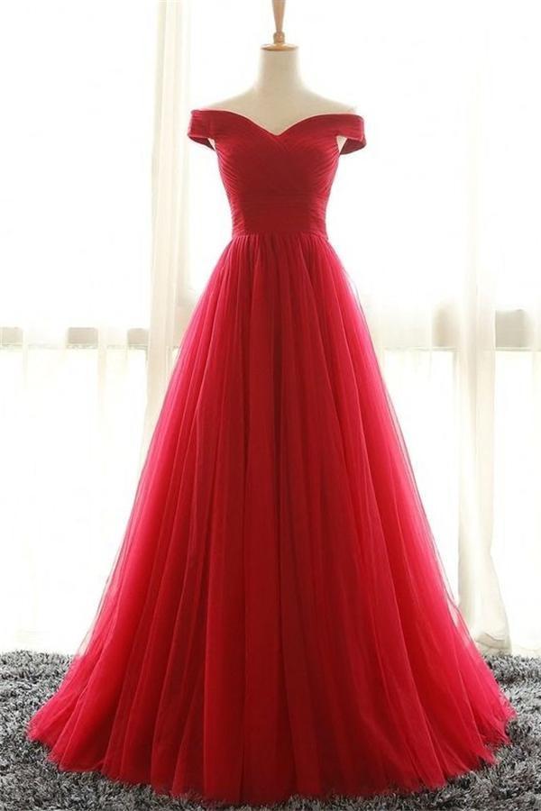 Off Shoulder Long A line Simple Cheap Red Prom Dresses Demodresses