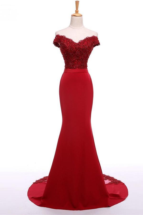 Burgundy Off Shoulder Long Mermaid Lace Beauty Prom Dresses K710