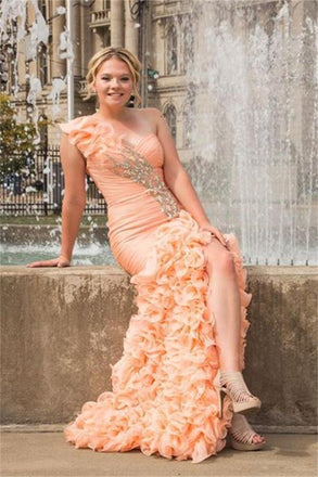 Pink One Shoulder Lace Up Front Split Long Beading Prom Dresses K705
