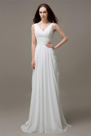 V-neck White Open Back Chiffon Long Simple Plus Size Beach Wedding Dresses W29