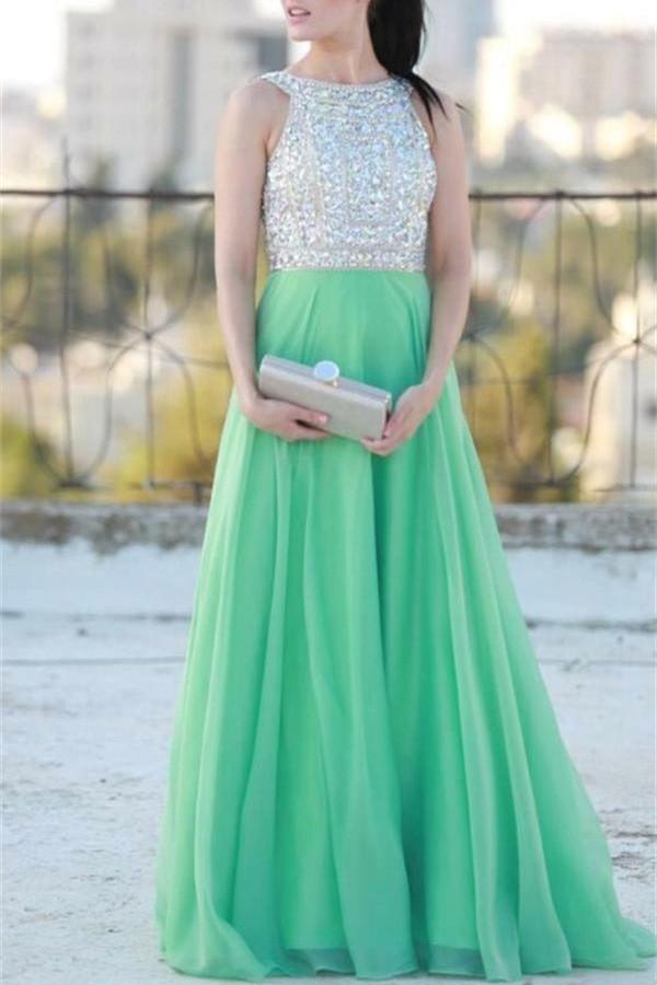 Green Long Beading Chiffon A-line Elegant Prom Dresses For Teens K728