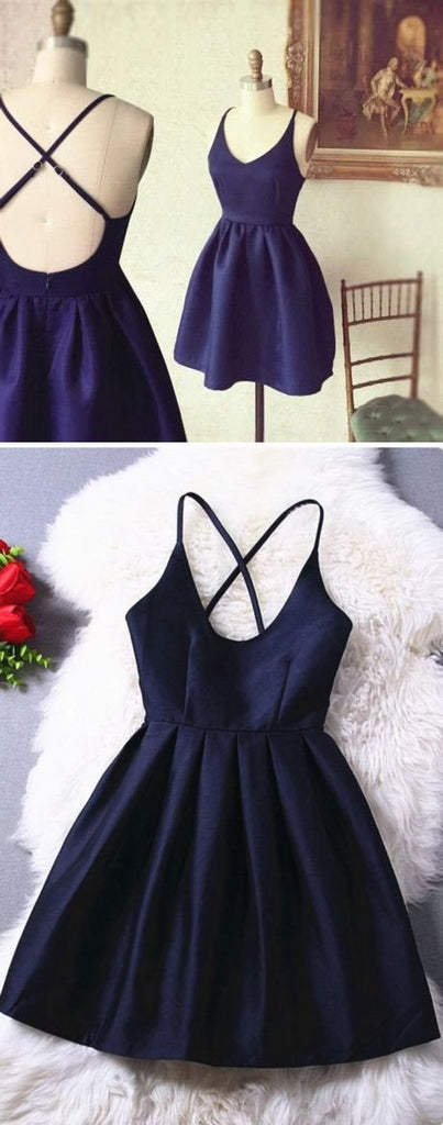 Sweet 16 Dresses,Navy Blue Short Satin Backless Prom Dresses,Simple Homecoming Dresses DM321