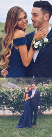 Elegant Navy Blue Off the Shoulder Mermaid Long Prom Dresses DMA11