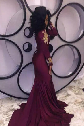 Mermaid Long Burgundy Long Sleeves Prom Dress with Appliques DMF74