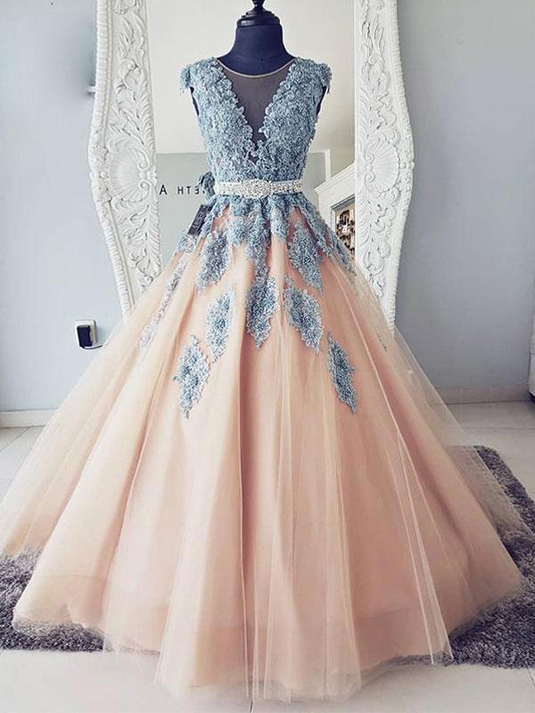 V-neck Blue Lace Ball Gown Long Tulle  Evening Dresses,Cheap Prom Dress DMG36