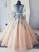 V-neck Blue Lace Ball Gown Long Tulle  Evening Dresses,Cheap Prom Dress DMG36
