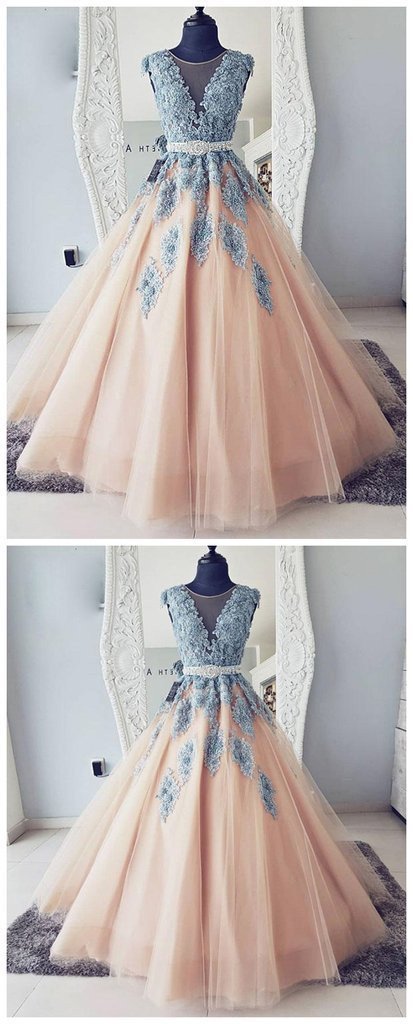 V-neck Blue Lace Ball Gown Long Tulle  Evening Dresses,Cheap Prom Dress DMG36