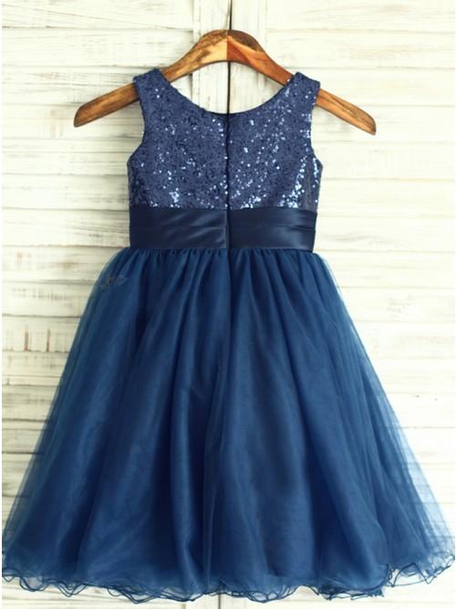 A-Line Round Neck Navy Blue Tulle Flower Girl Dress with Flower DMP21