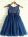 A-Line Round Neck Navy Blue Tulle Flower Girl Dress with Flower DMP21