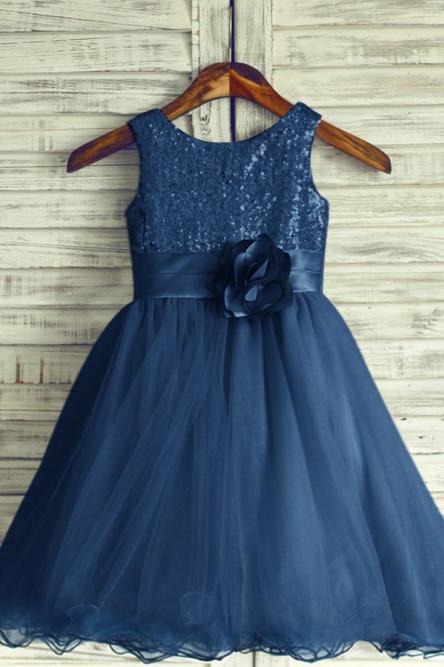 A-Line Round Neck Navy Blue Tulle Flower Girl Dress with Flower DMP21
