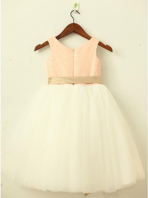 A-Line Round Neck White Flower Girl Dress with Lace Sequins Sash DMP22