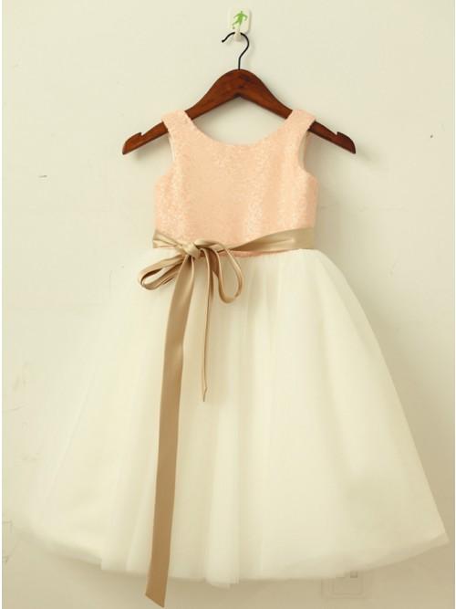 A-Line Round Neck White Flower Girl Dress with Lace Sequins Sash DMP22