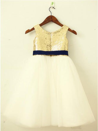 A-Line Round Neck Ivory Flower Girl Dress with Sequins Sash DMP23