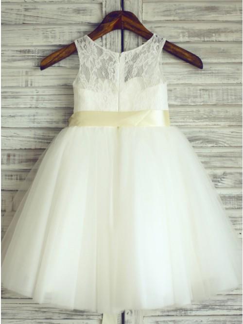 A-Line Round Neck White Flower Girl Dress with Lace Sash DMP24