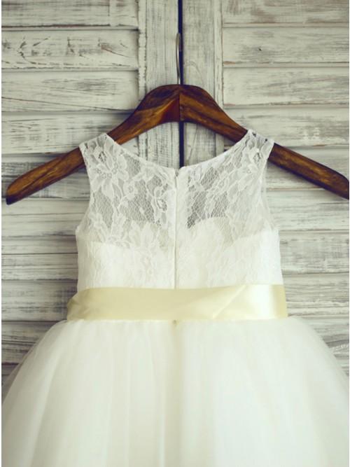 A-Line Round Neck White Flower Girl Dress with Lace Sash DMP24