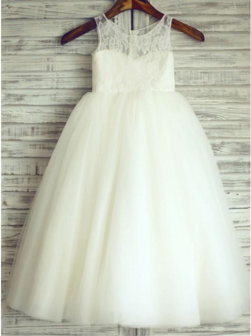 A-Line Round Neck White Tulle Flower Girl Dress with Lace DMP25