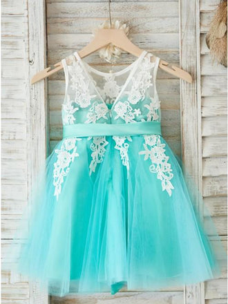 A-Line Round Neck Mint Tulle Flower Girl Dress with Appliques DMP27