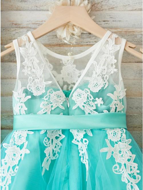 A-Line Round Neck Mint Tulle Flower Girl Dress with Appliques DMP27