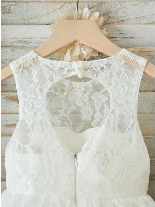 A-Line Jewel Open Back White Lace Flower Girl Dress DMP28