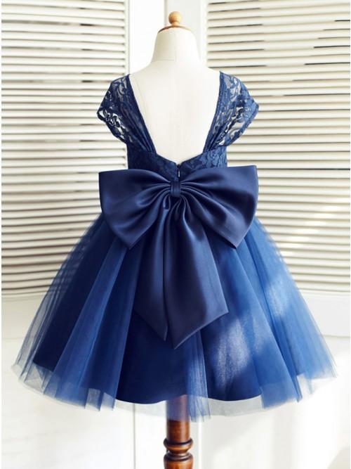 A-Line Square Neck Cap Sleeves Dark Blue Flower Girl Dress with Lace Bowknot DMP16