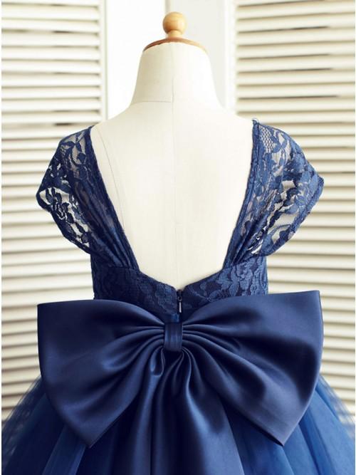 A-Line Square Neck Cap Sleeves Dark Blue Flower Girl Dress with Lace Bowknot DMP16