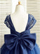 A-Line Square Neck Cap Sleeves Dark Blue Flower Girl Dress with Lace Bowknot DMP16
