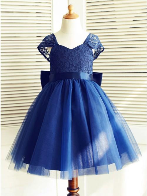 A-Line Square Neck Cap Sleeves Dark Blue Flower Girl Dress with Lace Bowknot DMP16