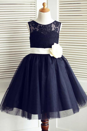 A-Line Round Neck Knee-Length Navy Blue Flower Girl Dress with Bowknot Flower DMP20