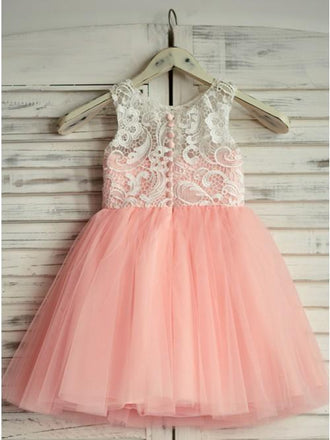 A-Line Round Neck Floor-Length Pink Flower Girl Dress with Lace DMP19