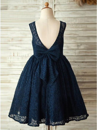 A-Line Round Neck Backless Navy Blue Lace Flower Girl Dress with Bowknot DMP17