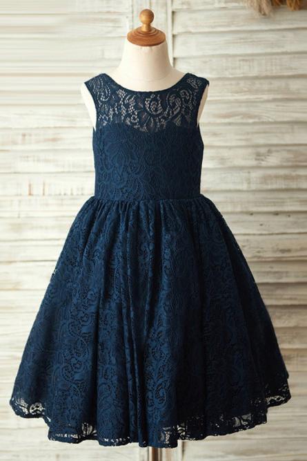 A-Line Round Neck Backless Navy Blue Lace Flower Girl Dress with Bowknot DMP17
