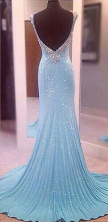 Modest V-Neck Sleeveless Sequins Blue Mermaid Backless Floor-Length Long Prom Dresses DM397