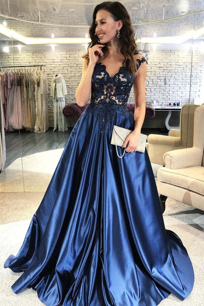 Gorgeous A Loine Dark Blue Lace Appliques V-Neck Long Prom Dresses DM1056