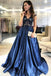 Gorgeous A Loine Dark Blue Lace Appliques V-Neck Long Prom Dresses DM1056