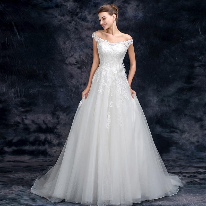 A Line Off the Shoulder Appliques Tulle Long Wedding Dress, Bridal Dresses DMQ26