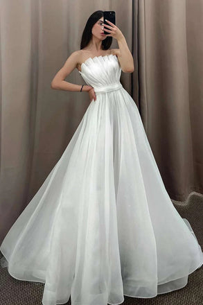 Elegant Off White Strapless Pleated A-Line Wedding Dress with Detachable Sleeves DM1907