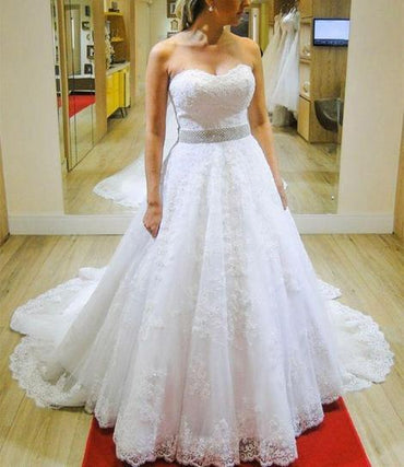 Sweetheart Strapless A-line Beading Belt Lace Wedding Dress Bridal Gown DME22