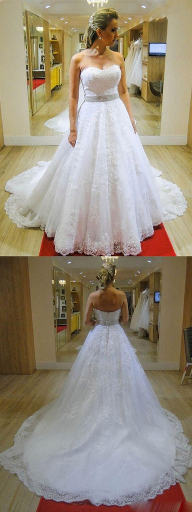 Sweetheart Strapless A-line Beading Belt Lace Wedding Dress Bridal Gown DME22