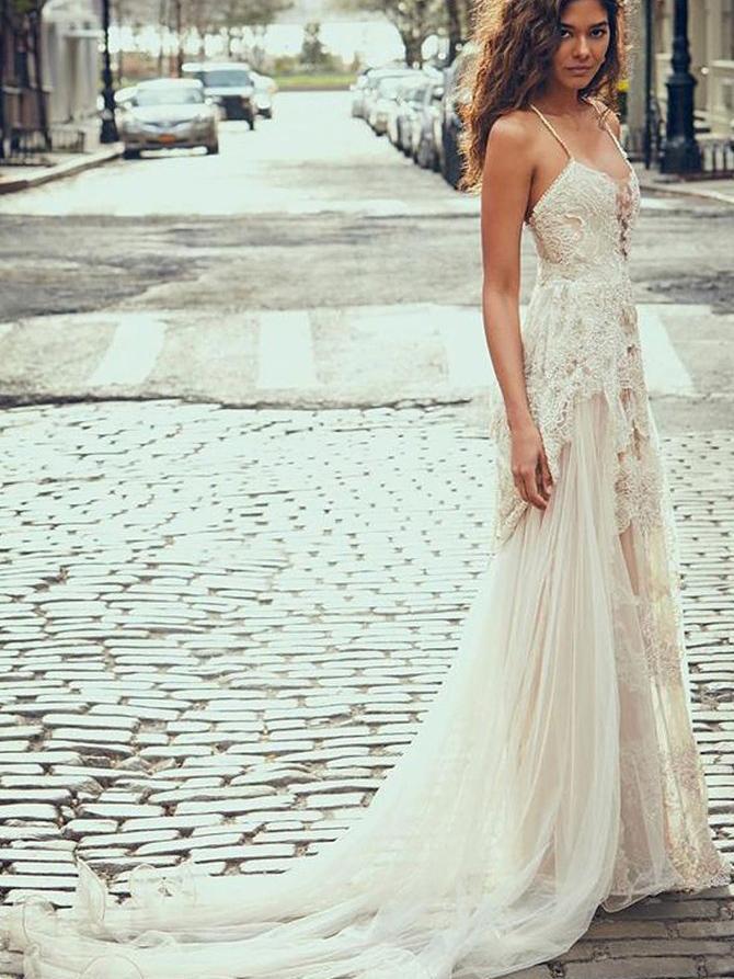 spaghetti strap boho dress Leely Women White Spaghetti Straps A Line Maxi Graduation Dress with Lace Deep V-Neck Beach Dress Boho Dress Sundress