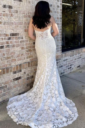 Off White Floral Lace Strapless Mermaid Long Wedding Dress With Brush Train DM1909