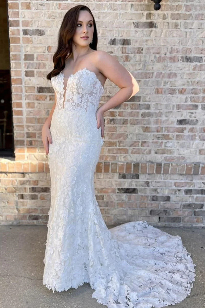 Off White Floral Lace Strapless Mermaid Long Wedding Dress With Brush Train DM1909
