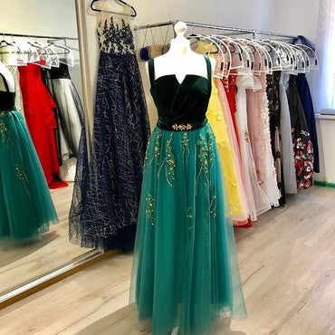 A Line Green and Black Tulle Prom Dresses, Charming Appliques Formal Dress DMI13