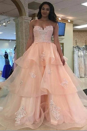 Pink Strapless Backless Lace Organza Long Qunceanera Dresses Prom Dresses K684