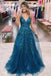 A-line V-Neck Lace Appliques Blue Long Prom Dress Evening Dresses DM2018