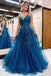 A-line V-Neck Lace Appliques Blue Long Prom Dress Evening Dresses DM2018