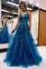 A-line V-Neck Lace Appliques Blue Long Prom Dress Evening Dresses DM2018