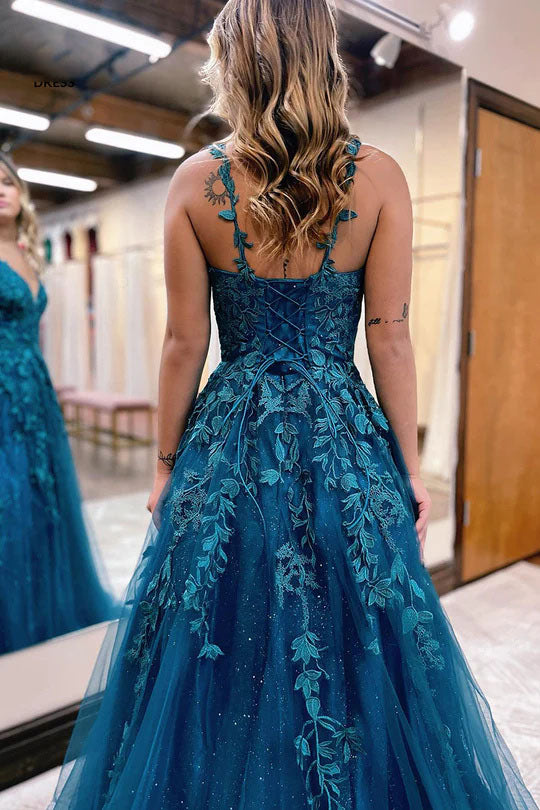 A-line V-Neck Lace Appliques Blue Long Prom Dress Evening Dresses DM2018