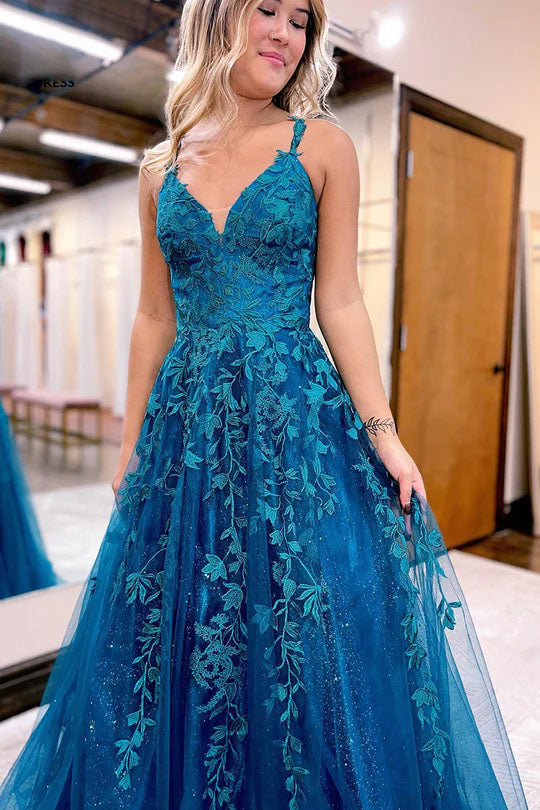 A-line V-Neck Lace Appliques Blue Long Prom Dress Evening Dresses DM2018